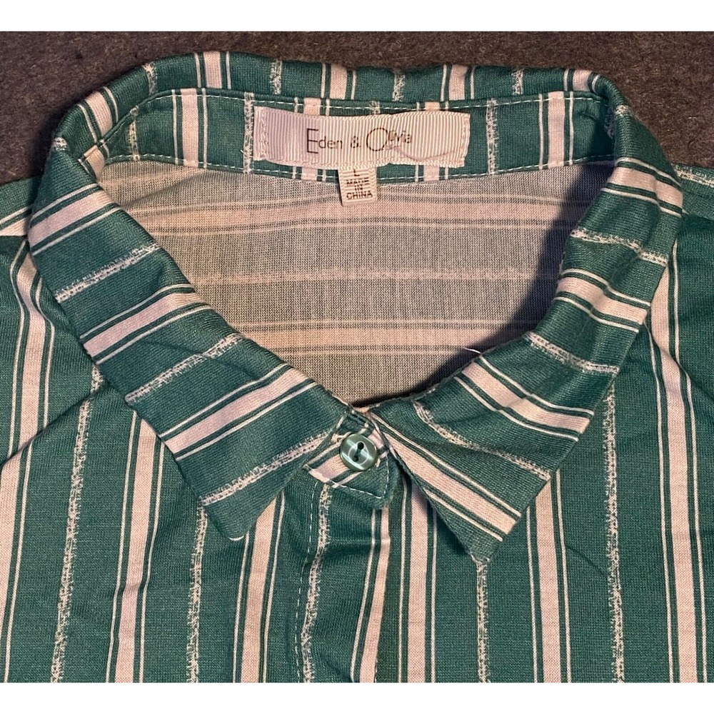 EDEN & OLIVIA women LARGE Striped Blouse BUTTON DOWN Tie Front ROLL TAB green/wh